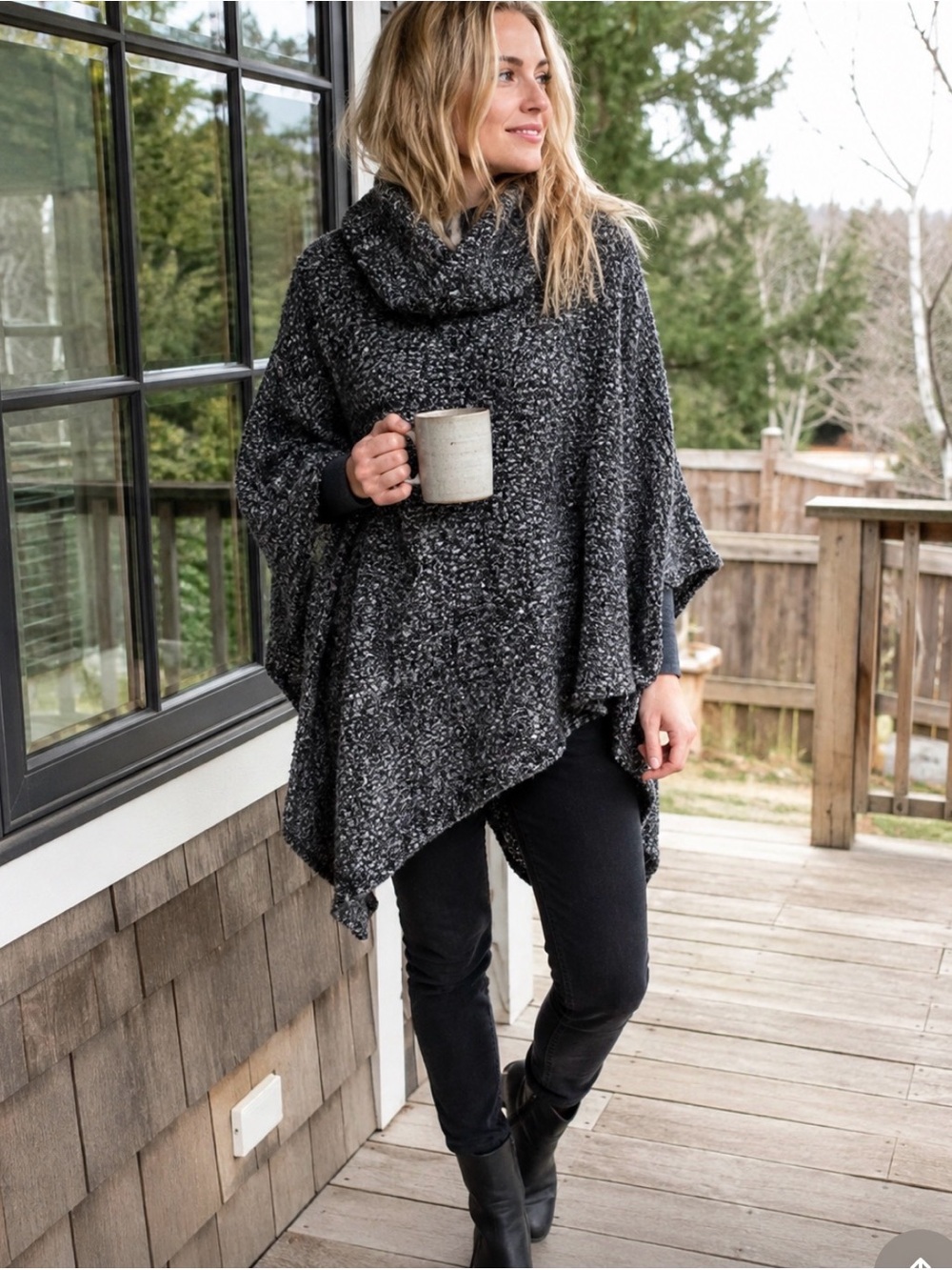 Pokoloko Mohair Blend Cowl Neck Poncho One Size Black Grey